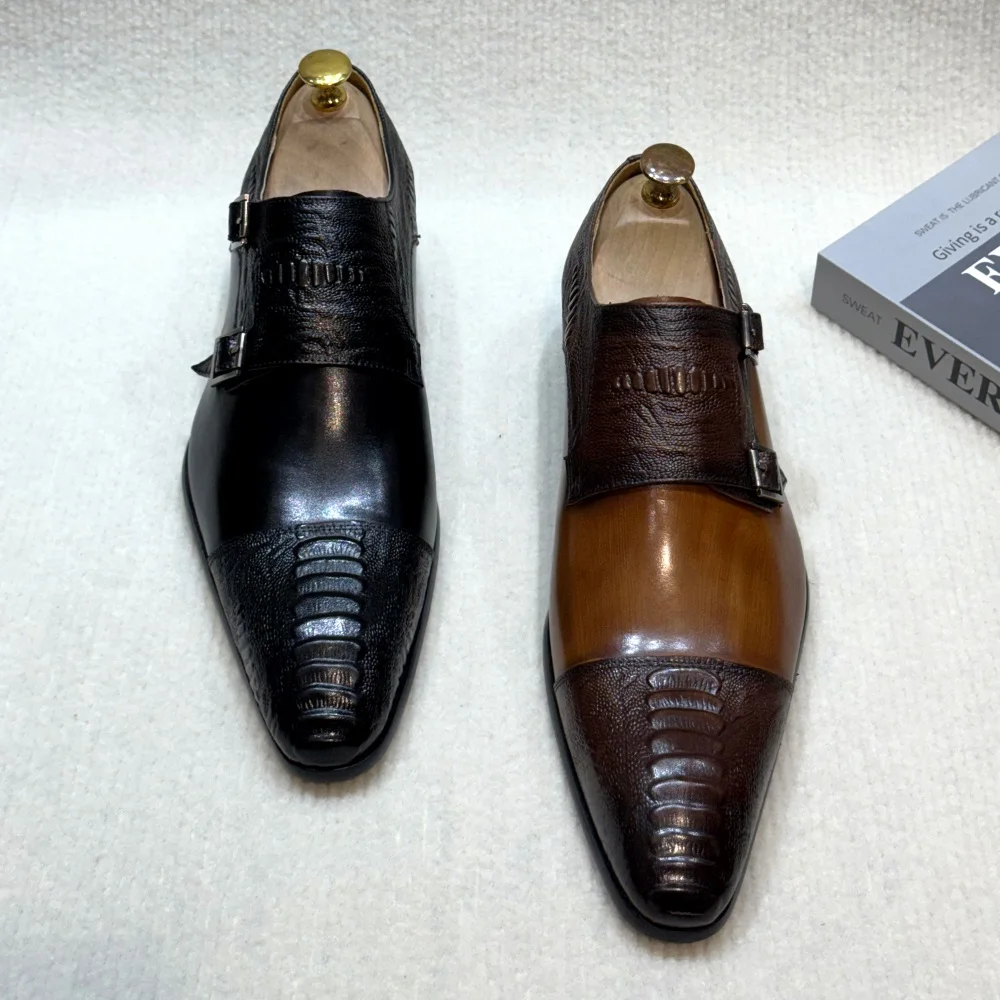 Men's Handmade Brown Monk Shoes Double Buckle Genuine Cow Leather Luxury Wedding Business Formal Basic Men's Footwear