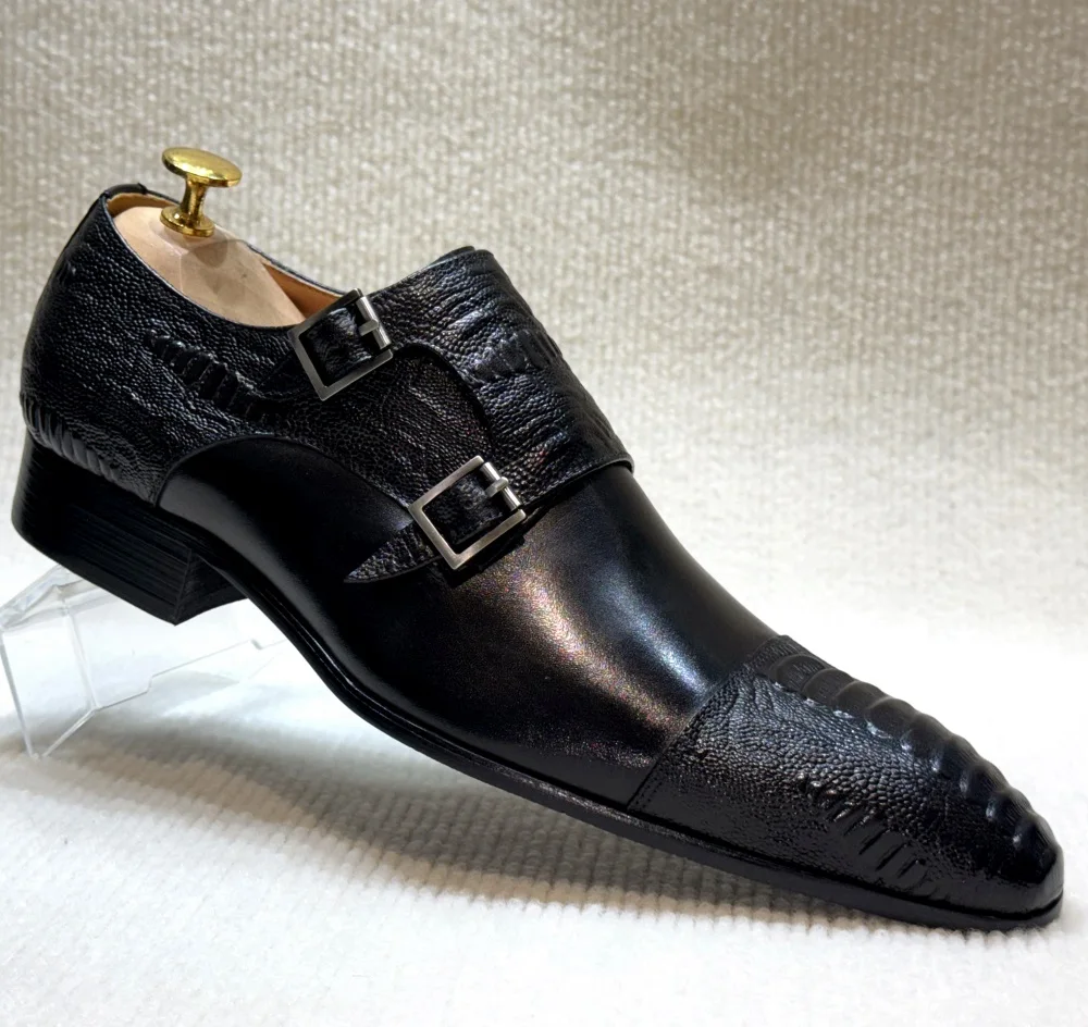 Men's Handmade Brown Monk Shoes Double Buckle Genuine Cow Leather Luxury Wedding Business Formal Basic Men's Footwear