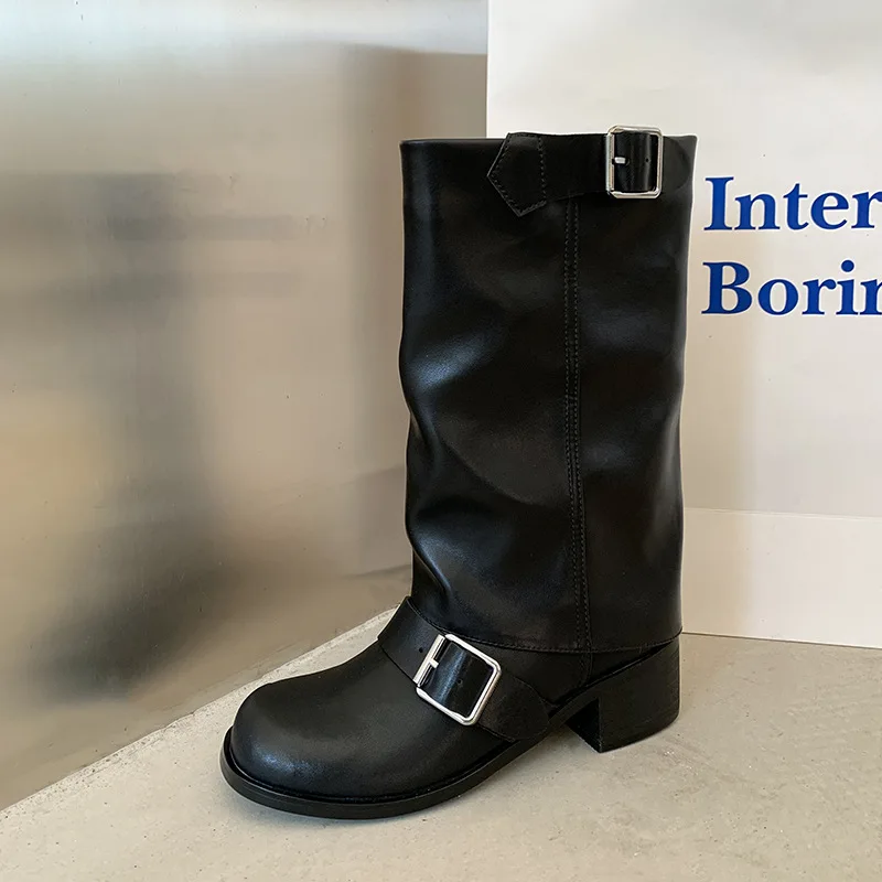 Arden Furtado Spring Cowhide Trouser Legs Boots Round Toe Belt Buckle Turned-Over Edge Chunky Heels Mid-Calf Boots