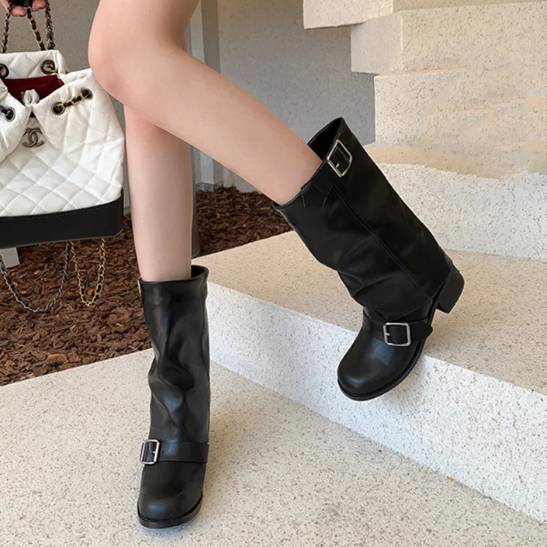 Arden Furtado Spring Cowhide Trouser Legs Boots Round Toe Belt Buckle Turned-Over Edge Chunky Heels Mid-Calf Boots