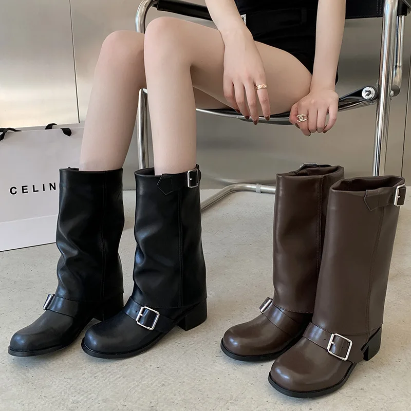 Arden Furtado Spring Cowhide Trouser Legs Boots Round Toe Belt Buckle Turned-Over Edge Chunky Heels Mid-Calf Boots