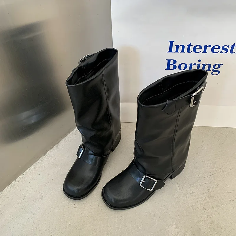 Arden Furtado Spring Cowhide Trouser Legs Boots Round Toe Belt Buckle Turned-Over Edge Chunky Heels Mid-Calf Boots