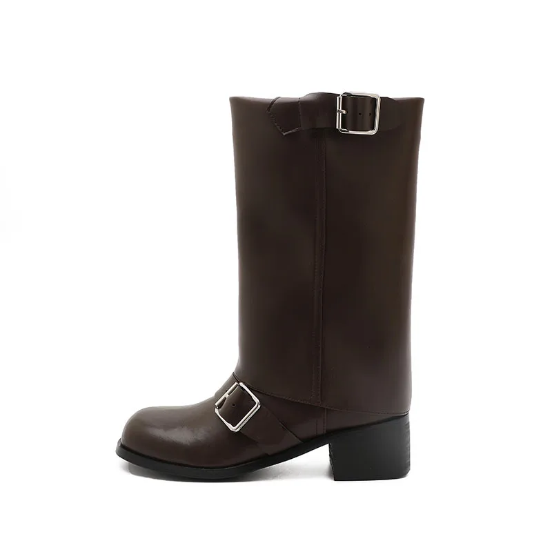 Arden Furtado Spring Cowhide Trouser Legs Boots Round Toe Belt Buckle Turned-Over Edge Chunky Heels Mid-Calf Boots