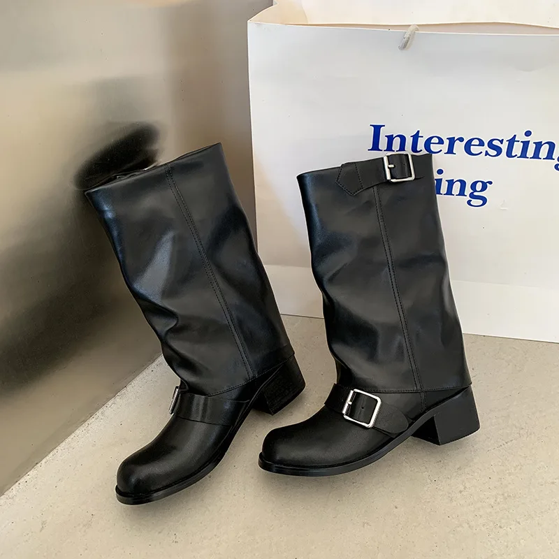 Arden Furtado Spring Cowhide Trouser Legs Boots Round Toe Belt Buckle Turned-Over Edge Chunky Heels Mid-Calf Boots