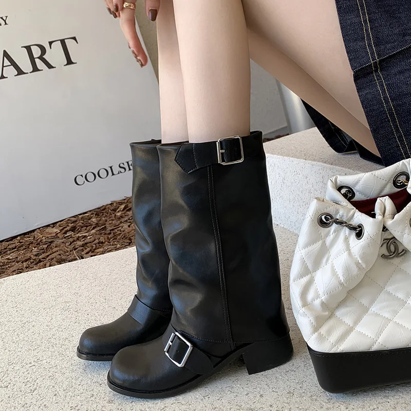 Arden Furtado Spring Cowhide Trouser Legs Boots Round Toe Belt Buckle Turned-Over Edge Chunky Heels Mid-Calf Boots
