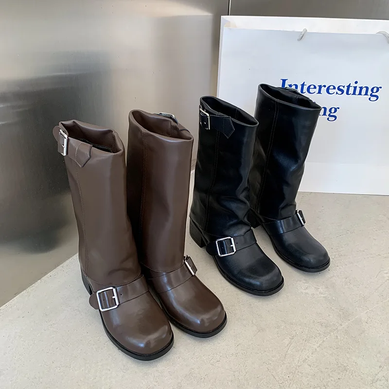 Arden Furtado Spring Cowhide Trouser Legs Boots Round Toe Belt Buckle Turned-Over Edge Chunky Heels Mid-Calf Boots