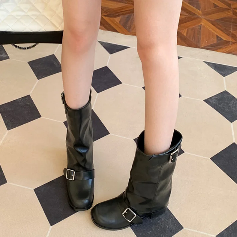 Arden Furtado Spring Cowhide Trouser Legs Boots Round Toe Belt Buckle Turned-Over Edge Chunky Heels Mid-Calf Boots