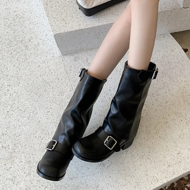 Arden Furtado Spring Cowhide Trouser Legs Boots Round Toe Belt Buckle Turned-Over Edge Chunky Heels Mid-Calf Boots