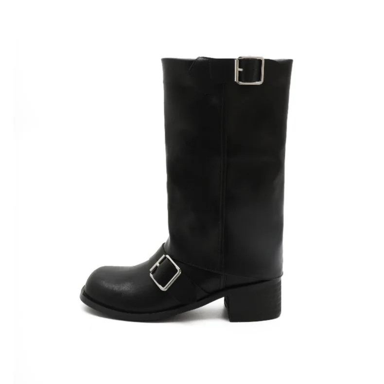Arden Furtado Spring Cowhide Trouser Legs Boots Round Toe Belt Buckle Turned-Over Edge Chunky Heels Mid-Calf Boots