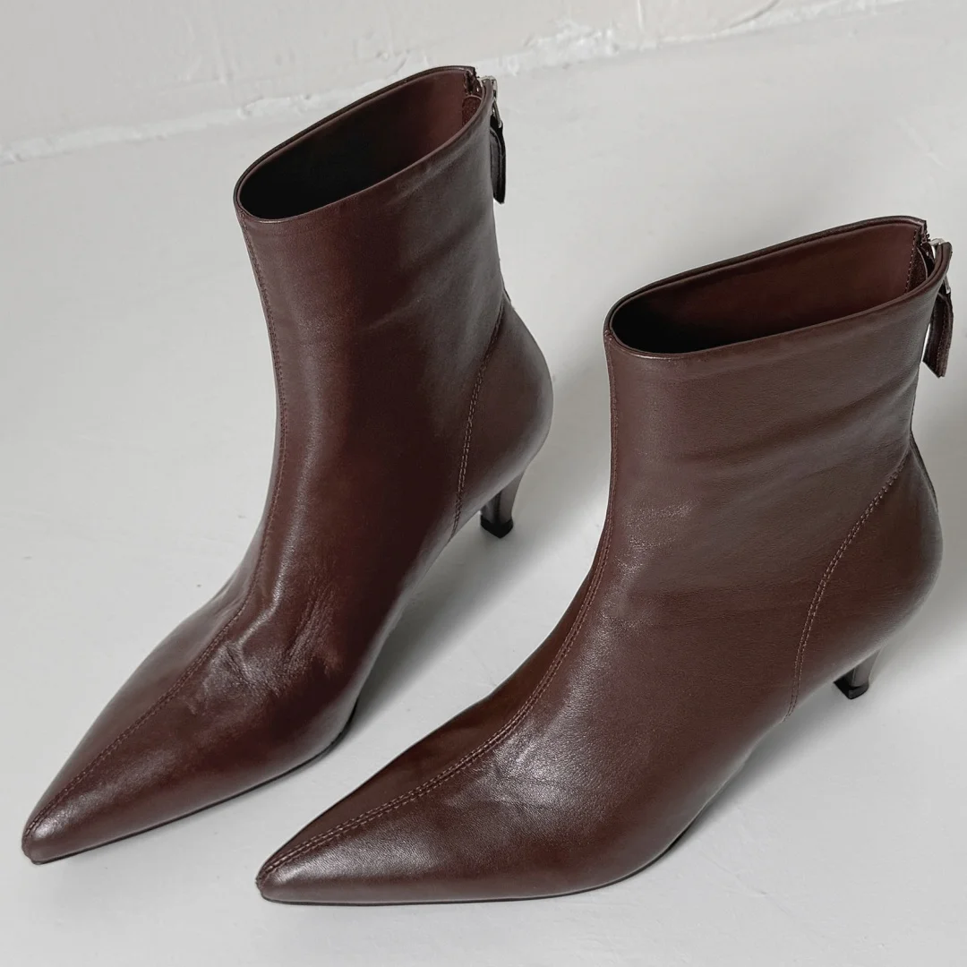 Women's cow leather pointed toe back zip autumn ankle boots elegant ladies 5.5cm thin high heel daily slim dress short booties