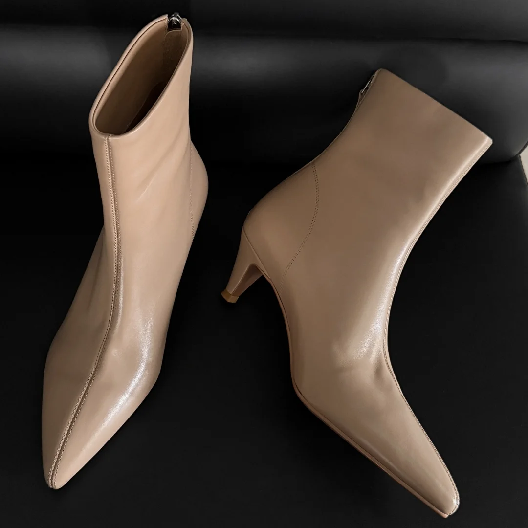 Women's cow leather pointed toe back zip autumn ankle boots elegant ladies 5.5cm thin high heel daily slim dress short booties