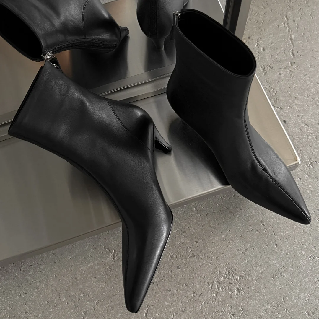 Women's cow leather pointed toe back zip autumn ankle boots elegant ladies 5.5cm thin high heel daily slim dress short booties