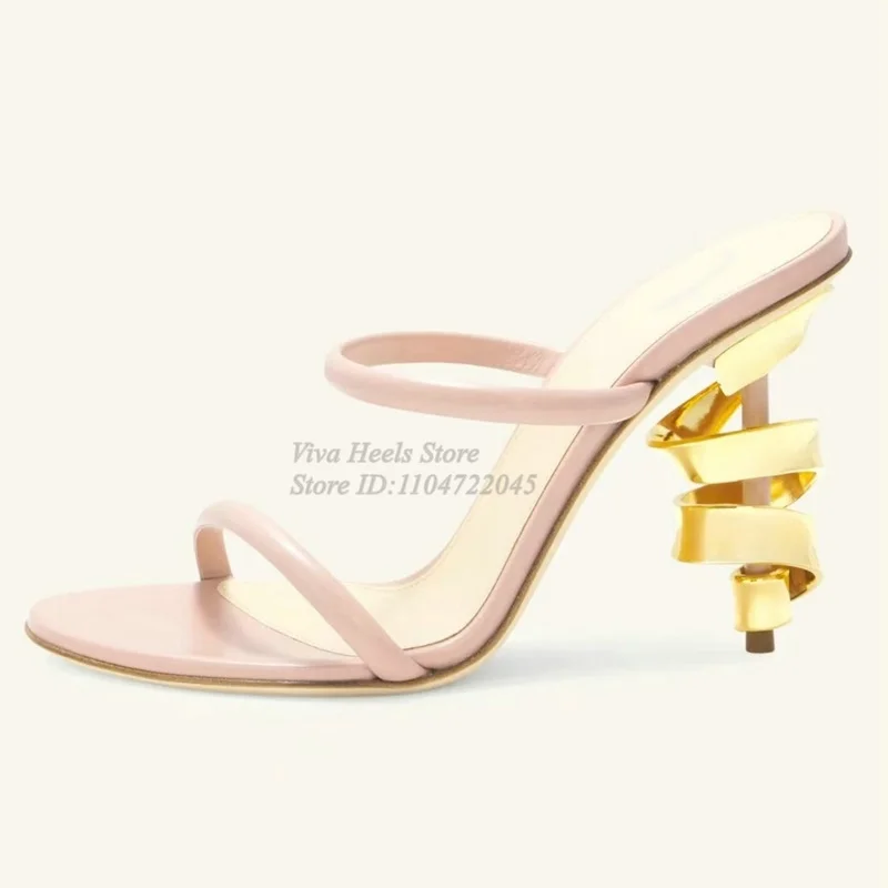 2026 Summer New in Strange Stuyle Metal Heeled Sandals Open Toe Leather Black/Pink High Heels Slippers Big Size Party Shoes