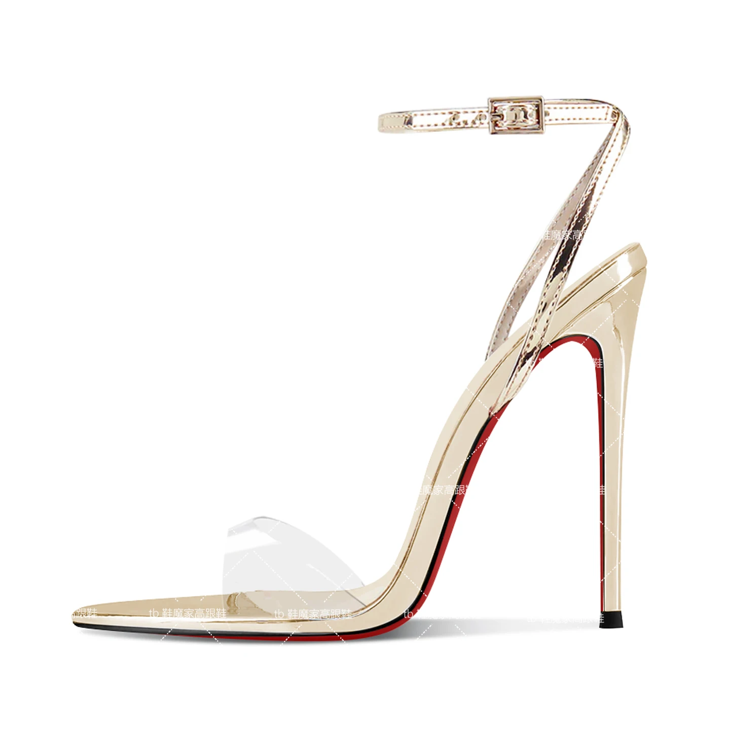 European and American Sexy Champagne Colored High Heels New Pointed Toe Open Toe Straight Buckle Sandals Women's Plus Size Shoes
