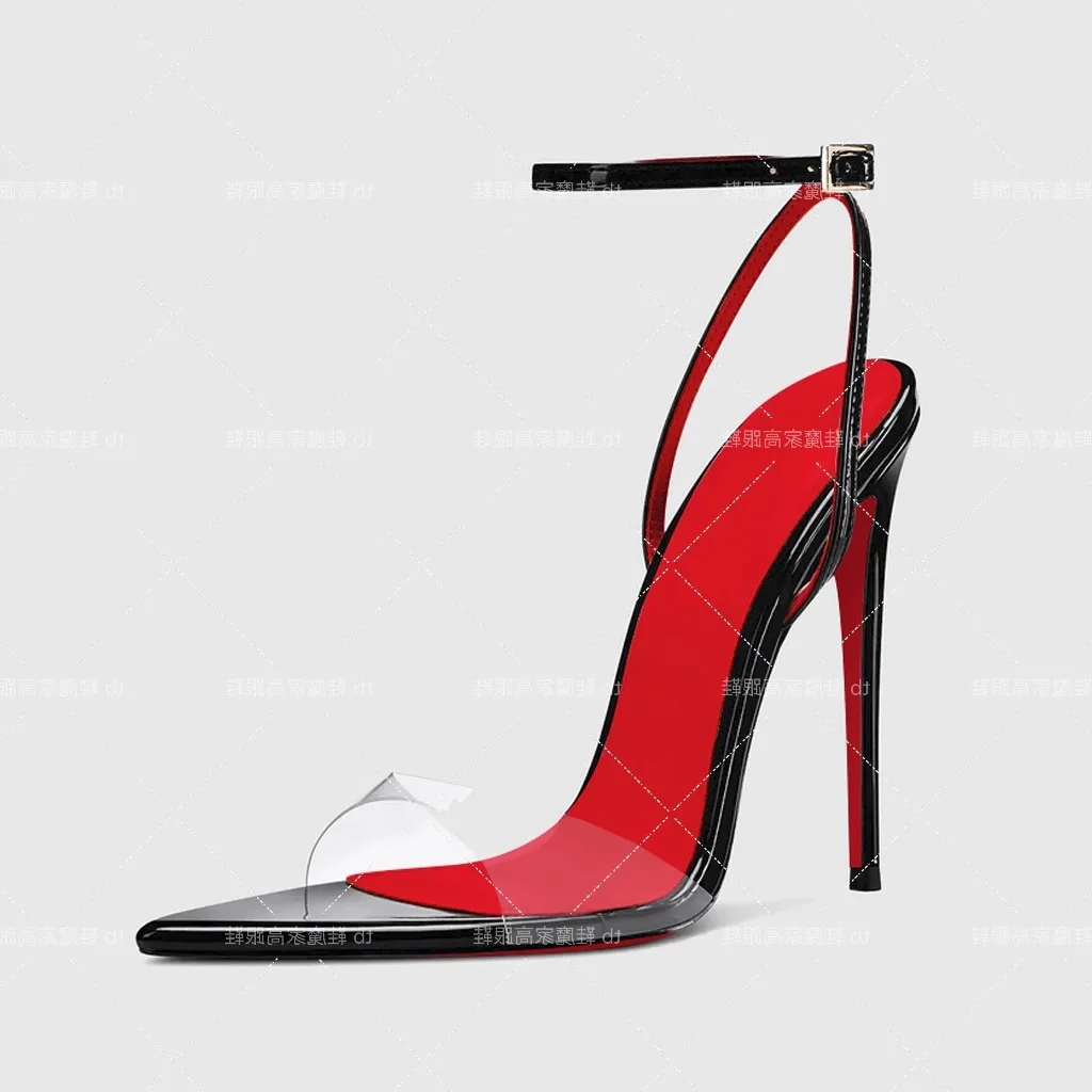 European and American Sexy Champagne Colored High Heels New Pointed Toe Open Toe Straight Buckle Sandals Women's Plus Size Shoes