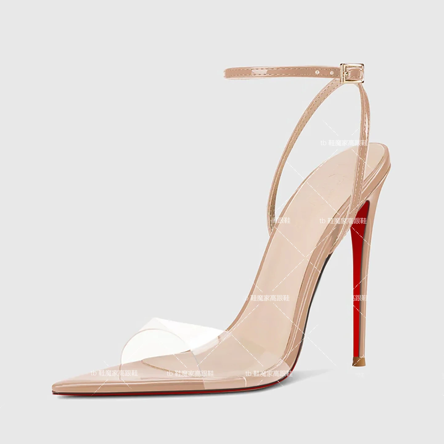 European and American Sexy Champagne Colored High Heels New Pointed Toe Open Toe Straight Buckle Sandals Women's Plus Size Shoes