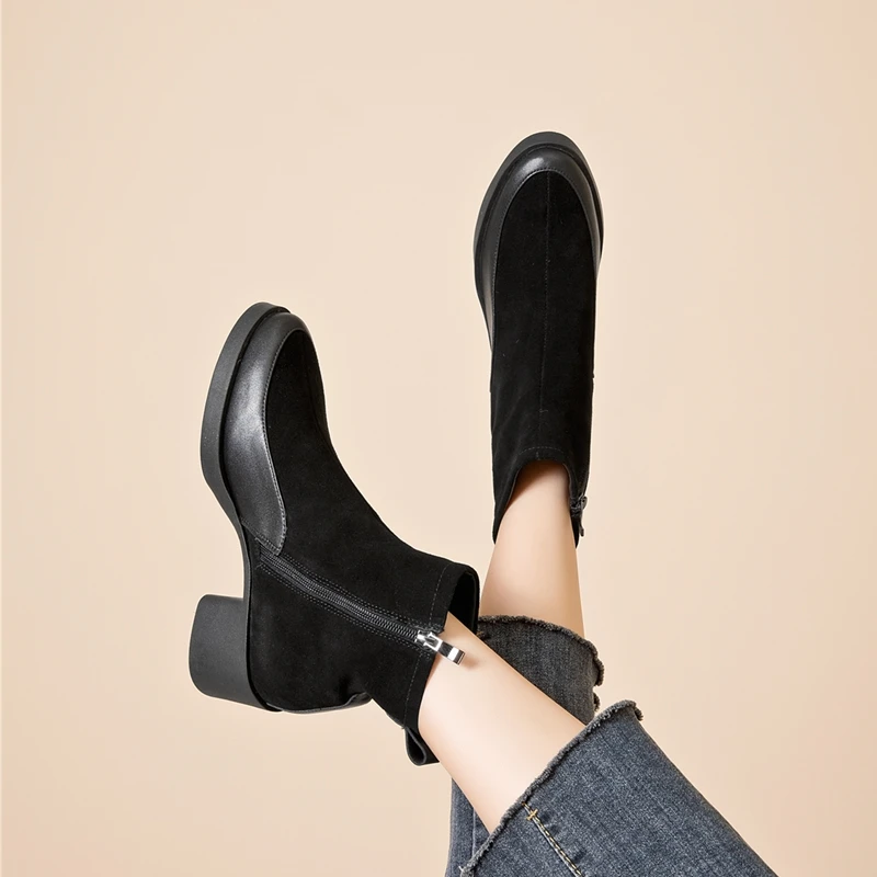 AIYUQI 2026 New Women's Short Boots Genuine Leather Chunky Heel High Heel Boots Female Large Size Pointed Toe Women Ankle Boots