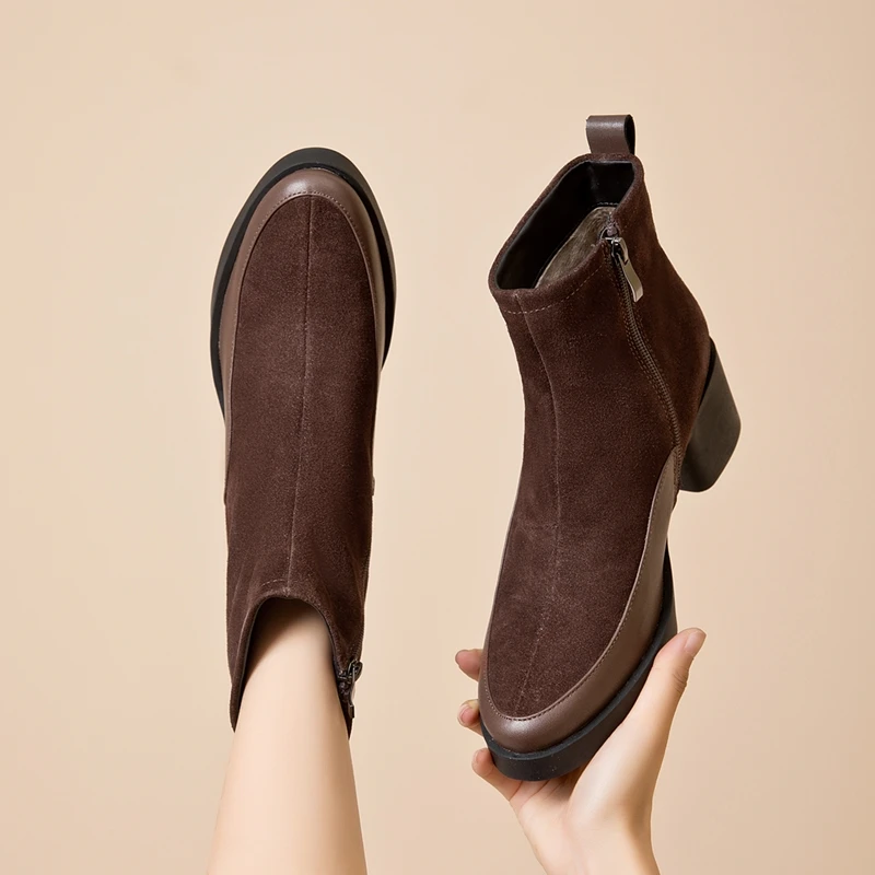 AIYUQI 2026 New Women's Short Boots Genuine Leather Chunky Heel High Heel Boots Female Large Size Pointed Toe Women Ankle Boots