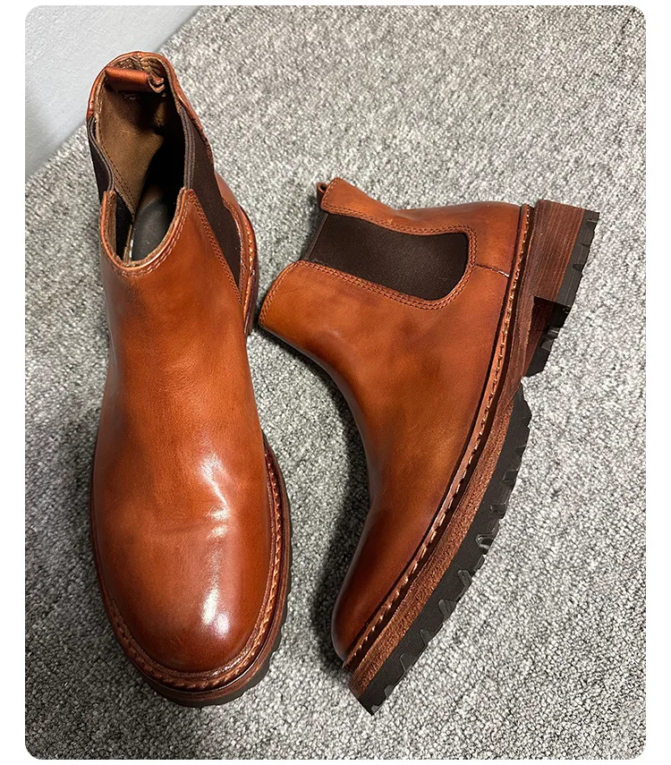 YETTIES Men's Premium Horsehide Chelsea Boots, Handmade Soft Leather Vintage High Top Boots with Genuine Sole, Autumn Winter New