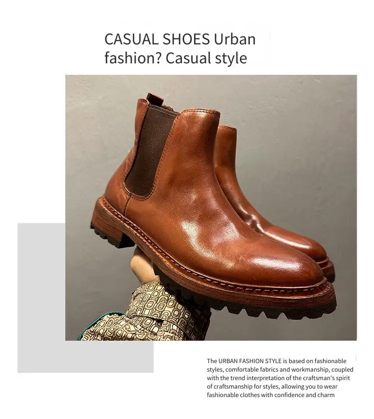 YETTIES Men's Premium Horsehide Chelsea Boots, Handmade Soft Leather Vintage High Top Boots with Genuine Sole, Autumn Winter New