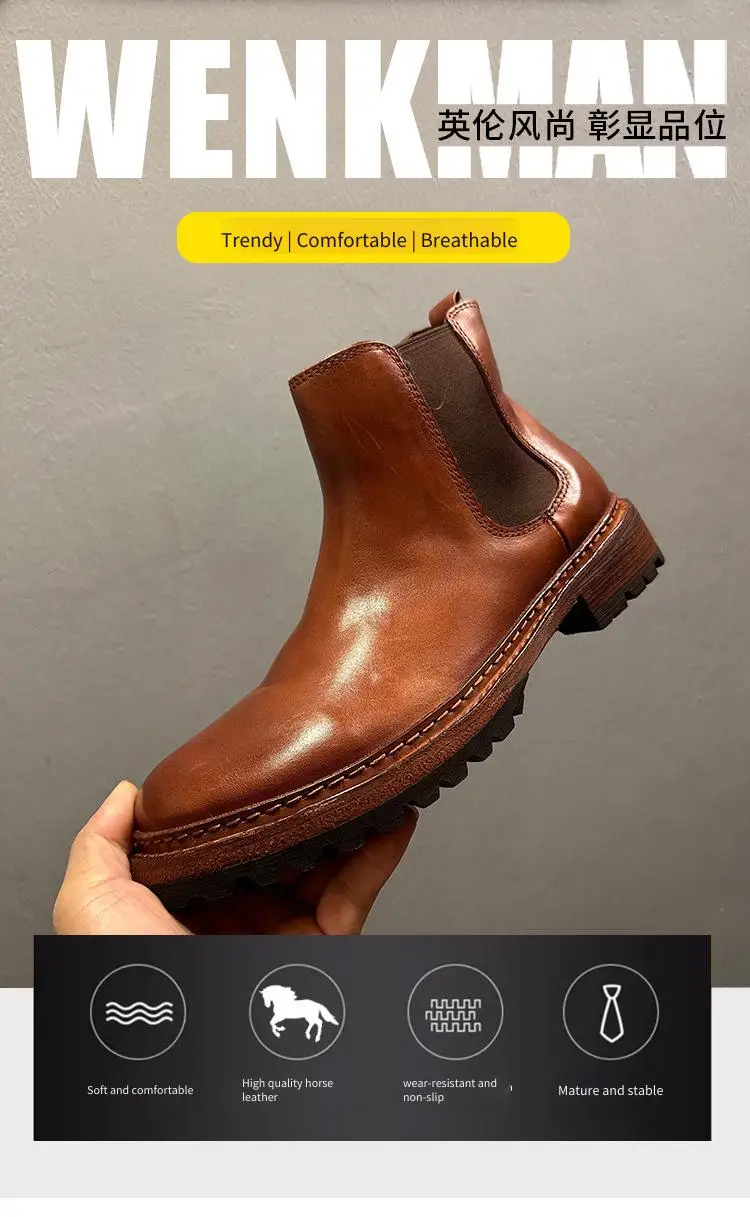 YETTIES Men's Premium Horsehide Chelsea Boots, Handmade Soft Leather Vintage High Top Boots with Genuine Sole, Autumn Winter New
