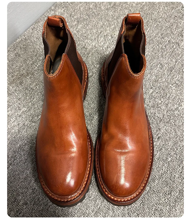 YETTIES Men's Premium Horsehide Chelsea Boots, Handmade Soft Leather Vintage High Top Boots with Genuine Sole, Autumn Winter New