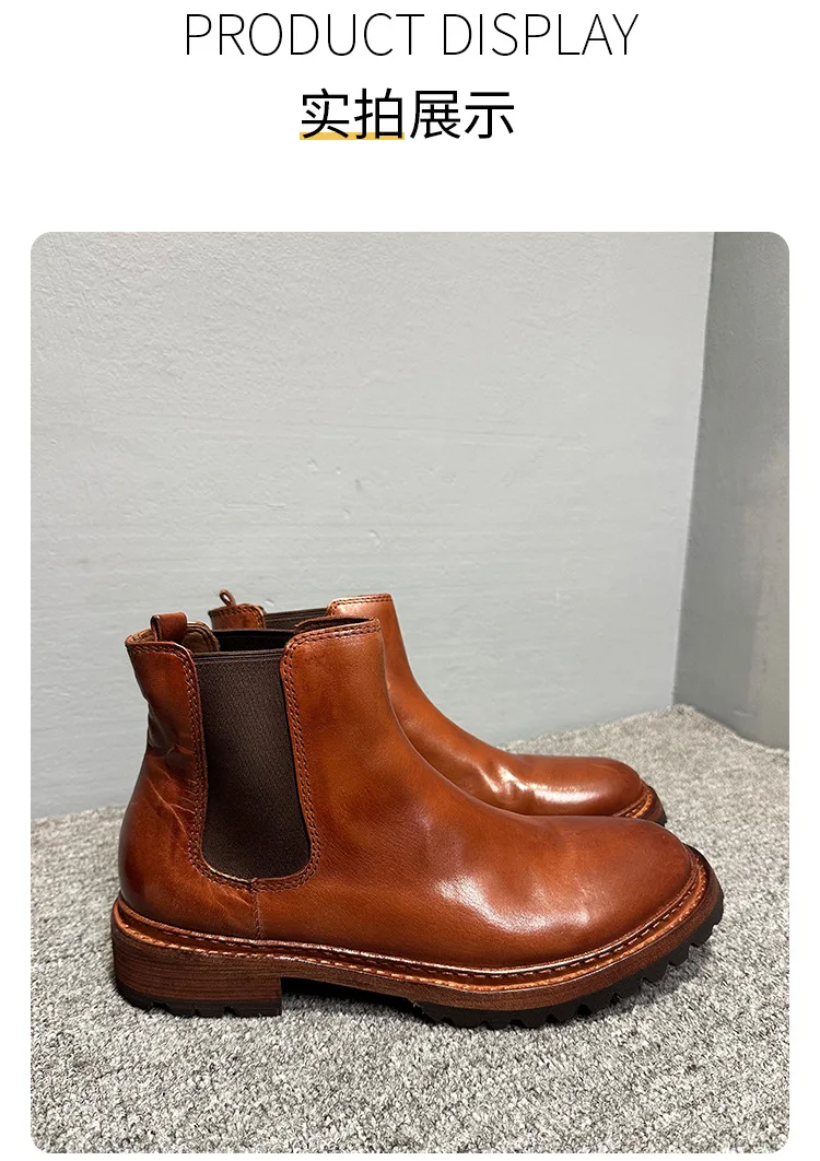 YETTIES Men's Premium Horsehide Chelsea Boots, Handmade Soft Leather Vintage High Top Boots with Genuine Sole, Autumn Winter New