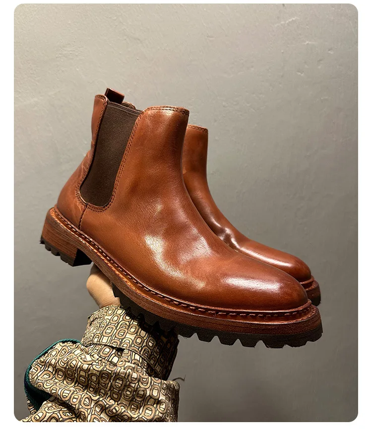 YETTIES Men's Premium Horsehide Chelsea Boots, Handmade Soft Leather Vintage High Top Boots with Genuine Sole, Autumn Winter New