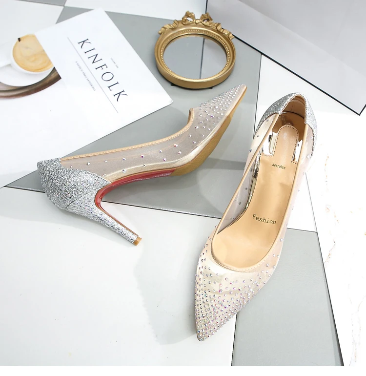 Summer New Lace Mesh Breathable High Heels Women's Fine Heels Sexy Bare Color Pointed Single Shoes Water Diamond Wedding Shoes