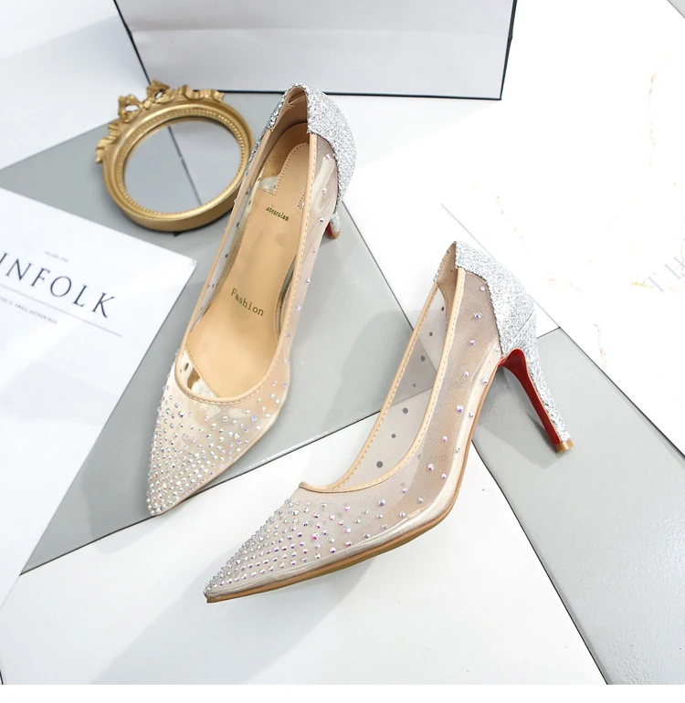 Summer New Lace Mesh Breathable High Heels Women's Fine Heels Sexy Bare Color Pointed Single Shoes Water Diamond Wedding Shoes