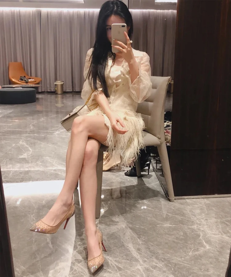 Summer New Lace Mesh Breathable High Heels Women's Fine Heels Sexy Bare Color Pointed Single Shoes Water Diamond Wedding Shoes