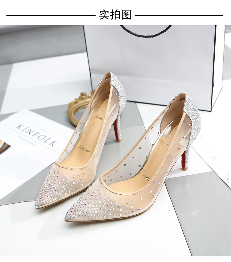 Summer New Lace Mesh Breathable High Heels Women's Fine Heels Sexy Bare Color Pointed Single Shoes Water Diamond Wedding Shoes