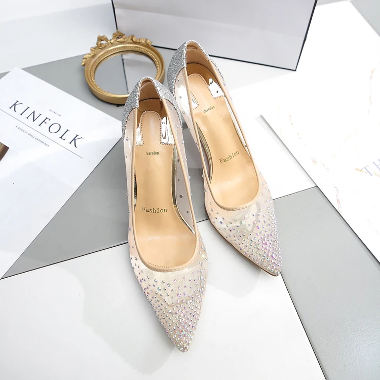 Summer New Lace Mesh Breathable High Heels Women's Fine Heels Sexy Bare Color Pointed Single Shoes Water Diamond Wedding Shoes