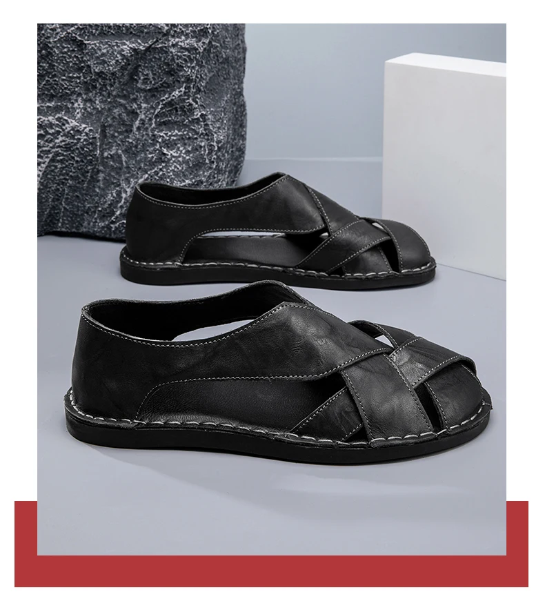 Men Summer Genuine Leather Sandals Youth Beach Lightweight Breathable Slippers Men's Sandal Low Top Mens Shoes