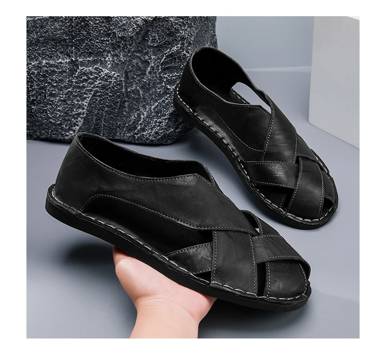 Men Summer Genuine Leather Sandals Youth Beach Lightweight Breathable Slippers Men's Sandal Low Top Mens Shoes