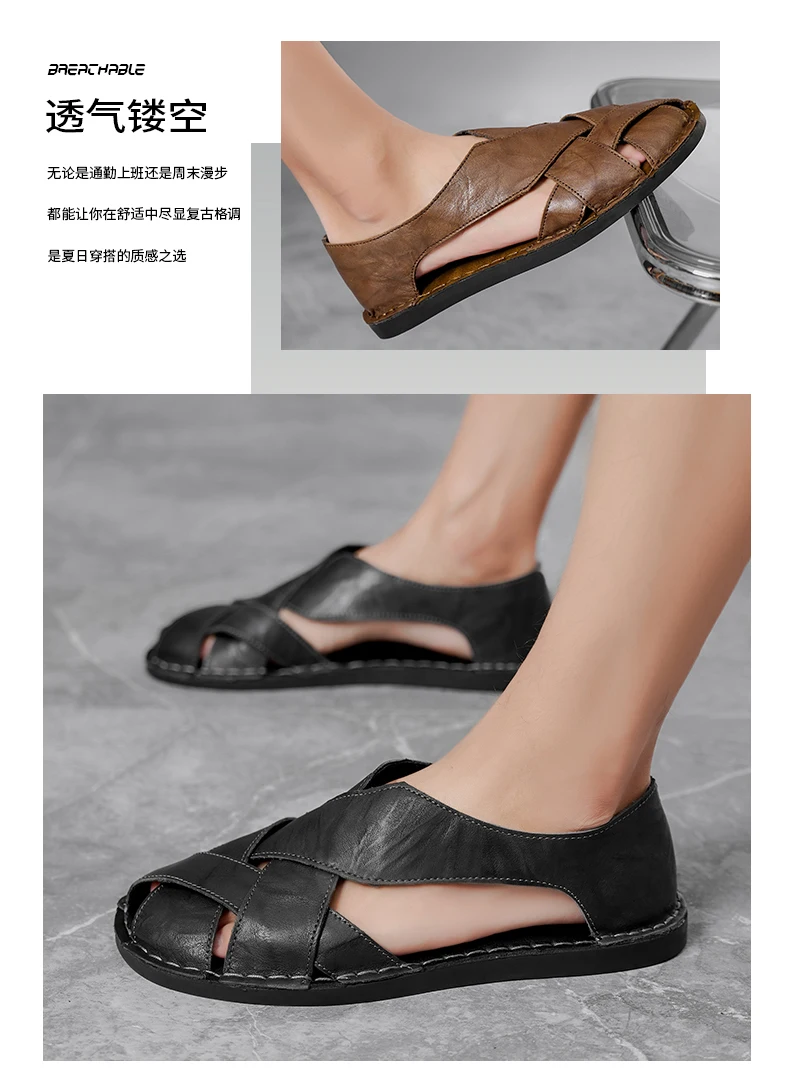 Men Summer Genuine Leather Sandals Youth Beach Lightweight Breathable Slippers Men's Sandal Low Top Mens Shoes