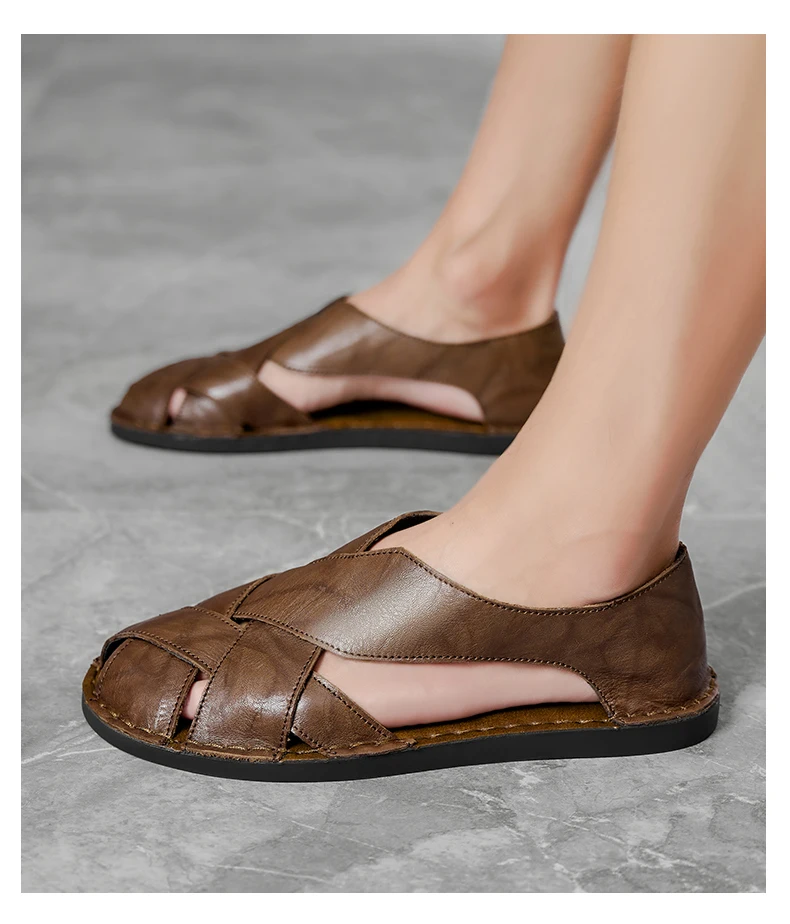 Men Summer Genuine Leather Sandals Youth Beach Lightweight Breathable Slippers Men's Sandal Low Top Mens Shoes