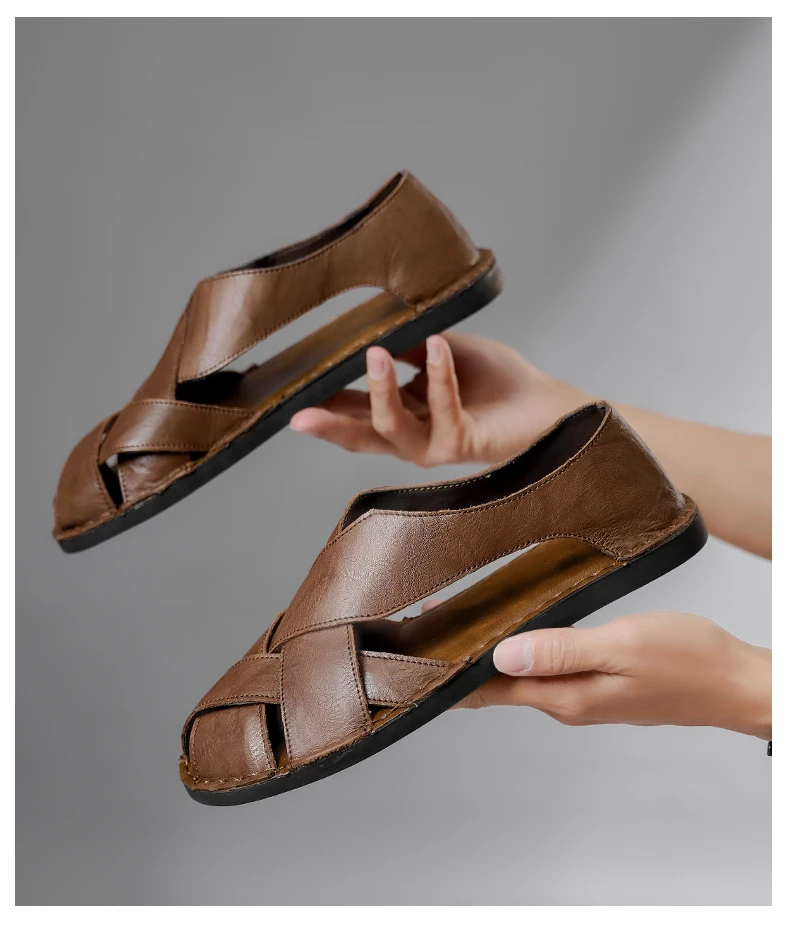 Men Summer Genuine Leather Sandals Youth Beach Lightweight Breathable Slippers Men's Sandal Low Top Mens Shoes