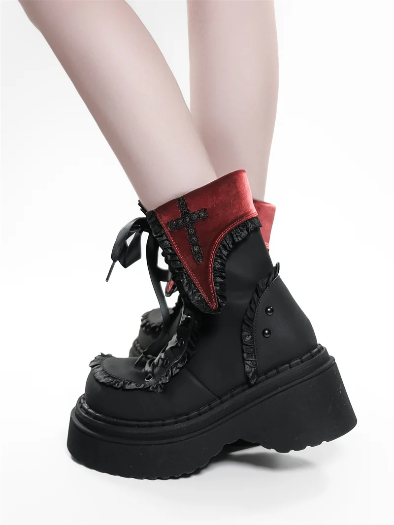 Night Visitor Gururu Original Subcultural Flip Up Round Head Gothic Cross Thick Bottom Short Boots Sweet Girl Short Boots