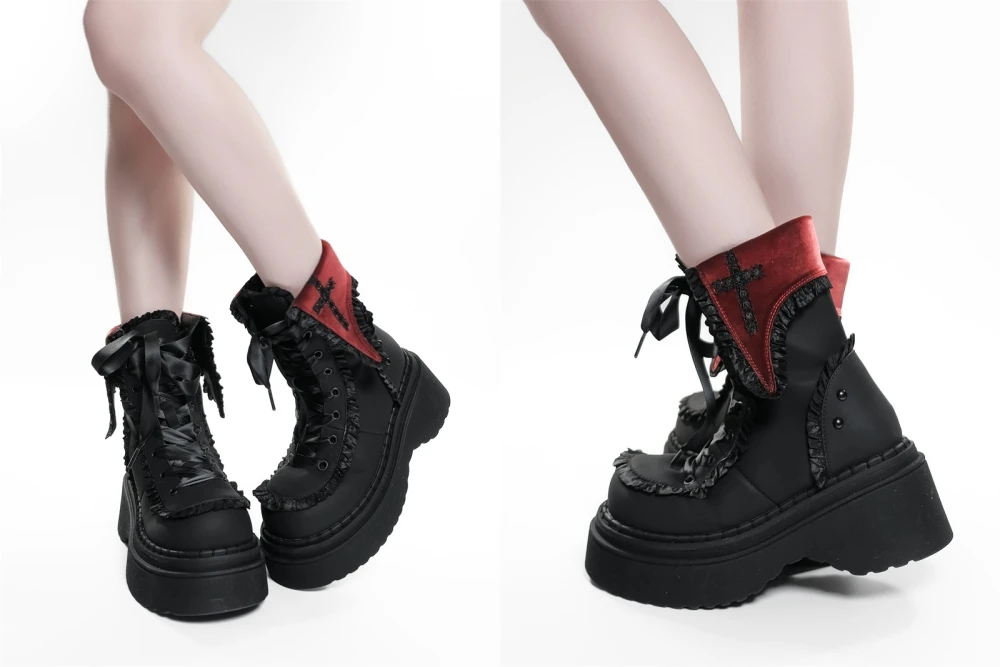 Night Visitor Gururu Original Subcultural Flip Up Round Head Gothic Cross Thick Bottom Short Boots Sweet Girl Short Boots