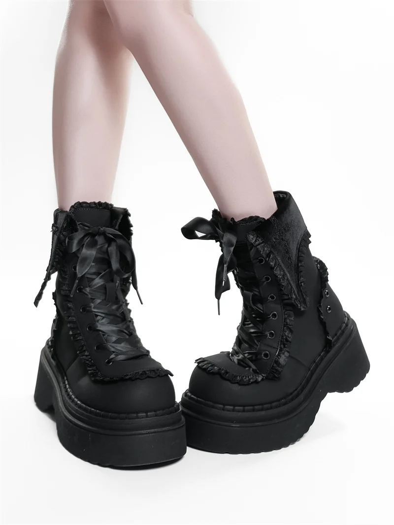 Night Visitor Gururu Original Subcultural Flip Up Round Head Gothic Cross Thick Bottom Short Boots Sweet Girl Short Boots