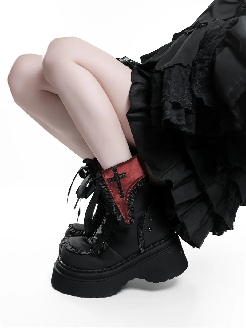 Night Visitor Gururu Original Subcultural Flip Up Round Head Gothic Cross Thick Bottom Short Boots Sweet Girl Short Boots