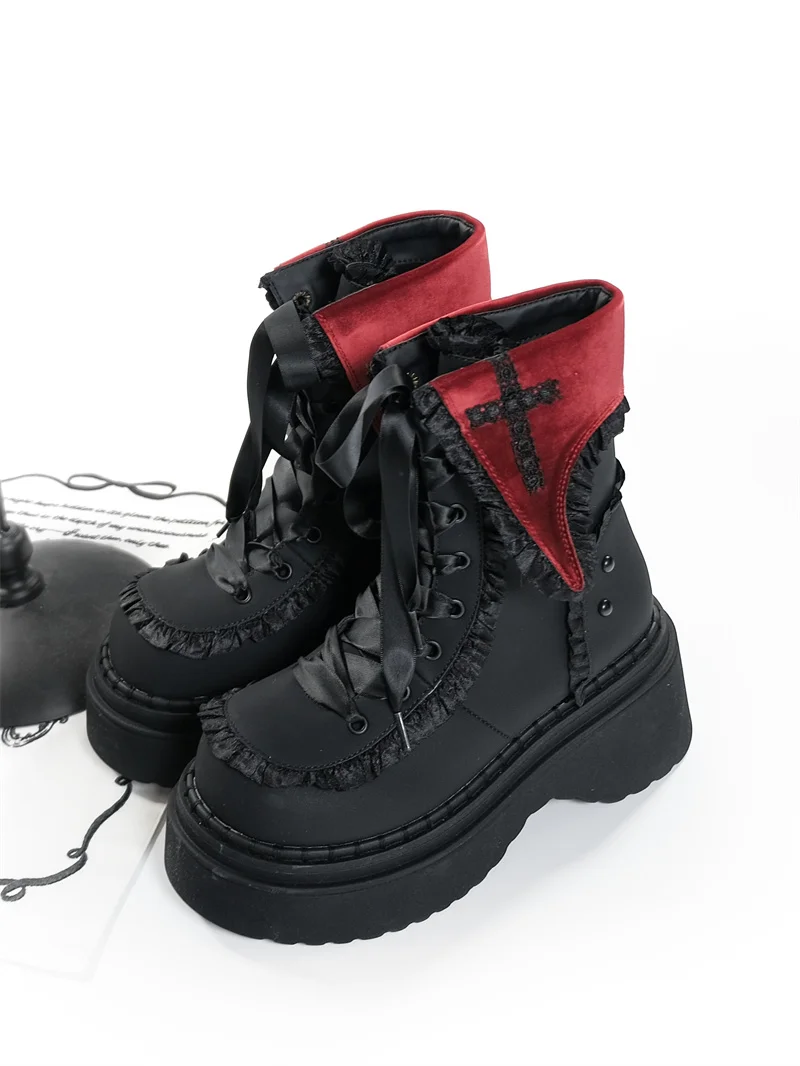 Night Visitor Gururu Original Subcultural Flip Up Round Head Gothic Cross Thick Bottom Short Boots Sweet Girl Short Boots