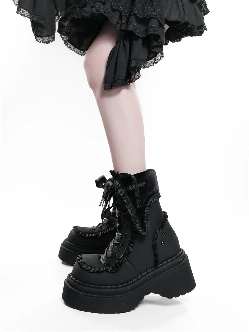 Night Visitor Gururu Original Subcultural Flip Up Round Head Gothic Cross Thick Bottom Short Boots Sweet Girl Short Boots