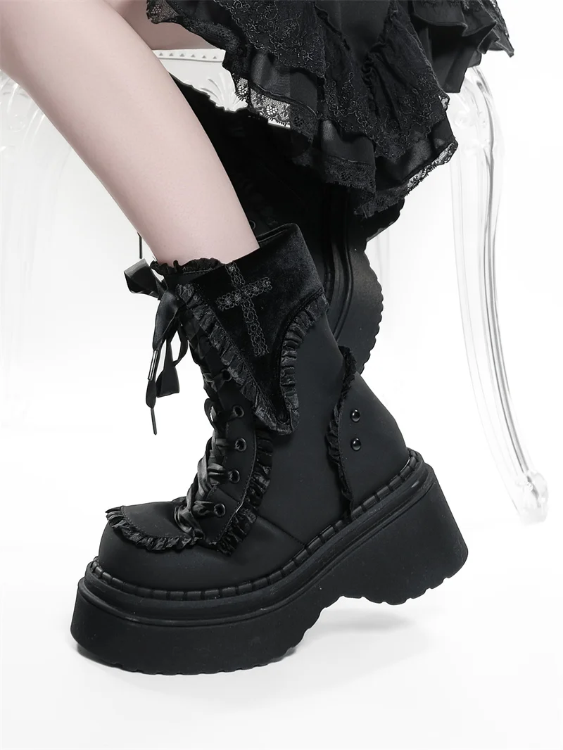 Night Visitor Gururu Original Subcultural Flip Up Round Head Gothic Cross Thick Bottom Short Boots Sweet Girl Short Boots