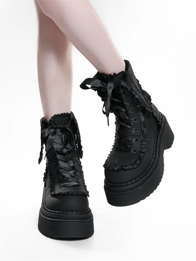 Night Visitor Gururu Original Subcultural Flip Up Round Head Gothic Cross Thick Bottom Short Boots Sweet Girl Short Boots