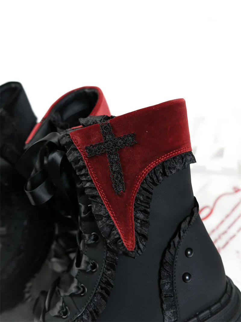 Night Visitor Gururu Original Subcultural Flip Up Round Head Gothic Cross Thick Bottom Short Boots Sweet Girl Short Boots