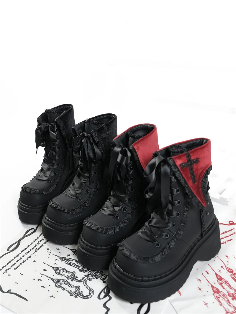 Night Visitor Gururu Original Subcultural Flip Up Round Head Gothic Cross Thick Bottom Short Boots Sweet Girl Short Boots