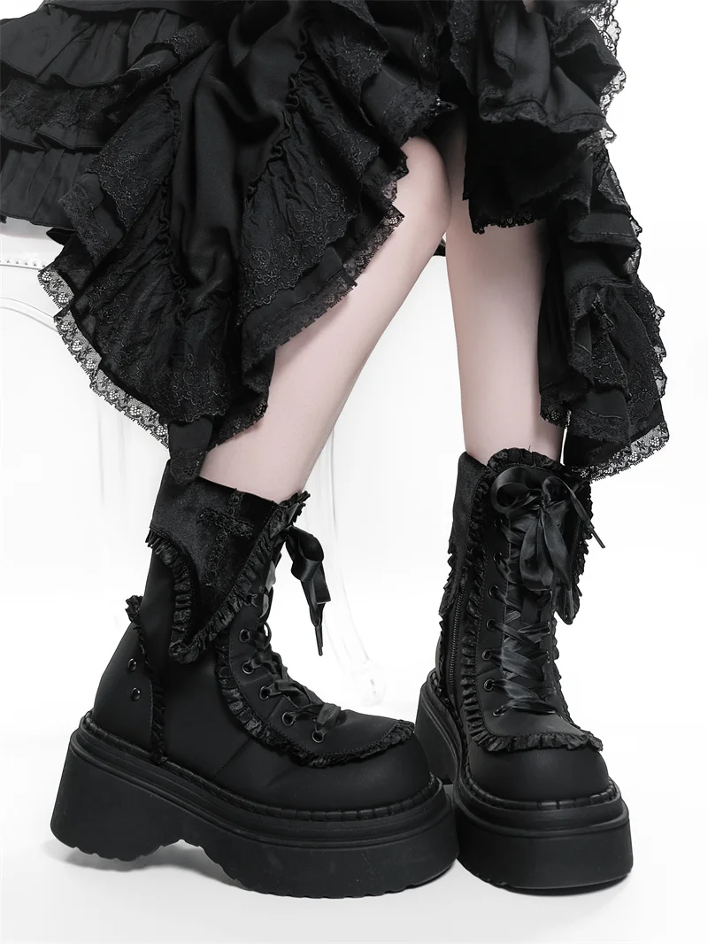 Night Visitor Gururu Original Subcultural Flip Up Round Head Gothic Cross Thick Bottom Short Boots Sweet Girl Short Boots