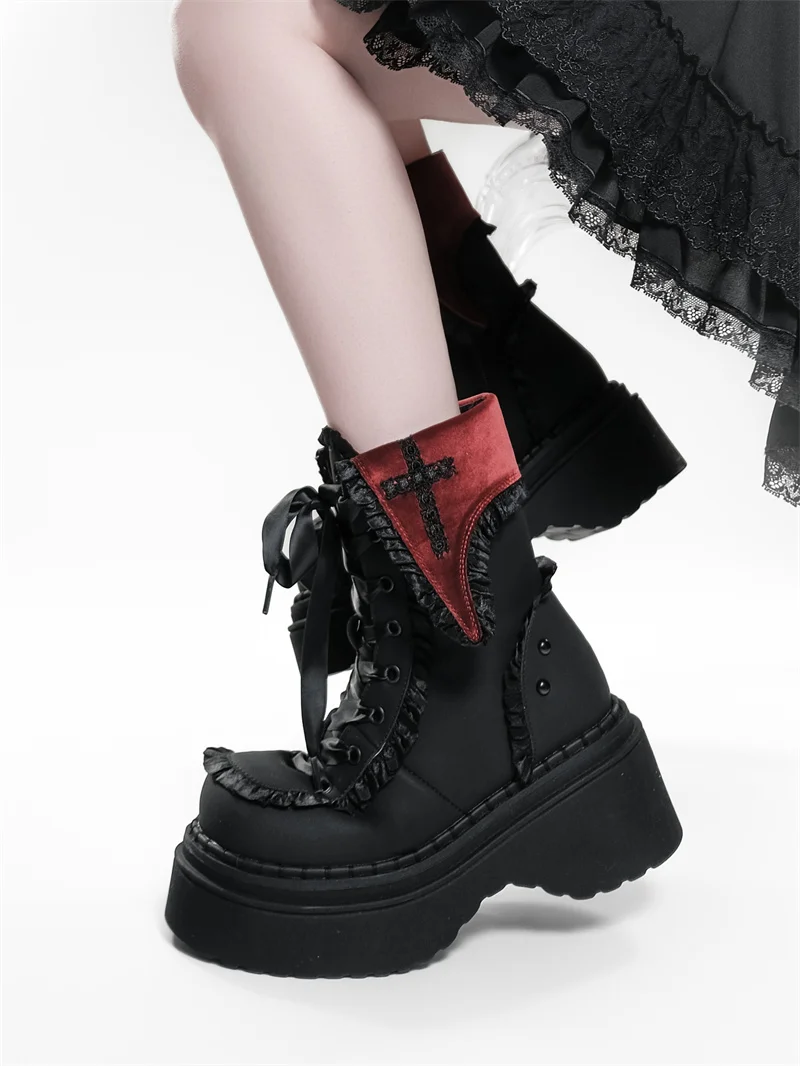 Night Visitor Gururu Original Subcultural Flip Up Round Head Gothic Cross Thick Bottom Short Boots Sweet Girl Short Boots
